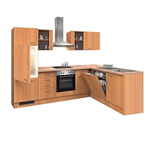 RIWAA – Eck-Küche MARPLE mit Elektrogeräte und 2 Glashängeschränken – Breite 280 x 170 cm – Buche – Made in Germany