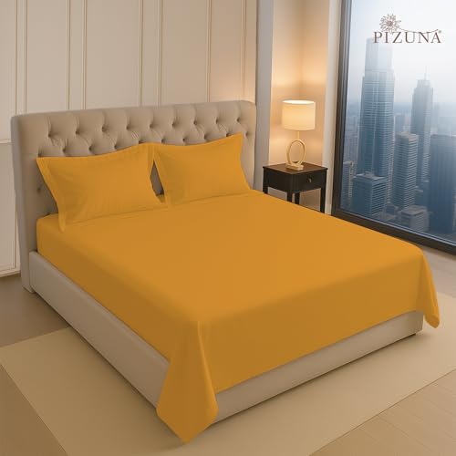Image of Pizuna 100% Cotton King Size Bedsheet 6 Feet, 400 Thread Count Long Staple Cotton Bedsheets for King Size Bed 100x108 Inch with 2 Pillow Covers, Honey Gold Bedsheet for King Size Bed (Cotton Bedsheet)