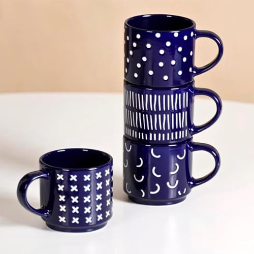 Image of Nestasia Stackable Ceramic Cups Set of 4 (220 ml) | Microwave & Dishwasher Safe Tea & Coffee Mugs with Glossy Finish | Ideal for Gifting (Blue)