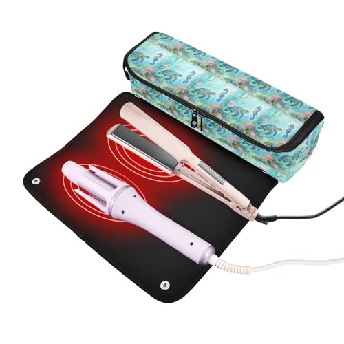 Organizador de herramientas para cabello 2 en 1 y tapete resistente al calor con cierre impermeable. Bolsa de viaje plana para plancha y accesorios de cuidado del cabello, diseño Tortuga y Caballito de mar miniatura 2