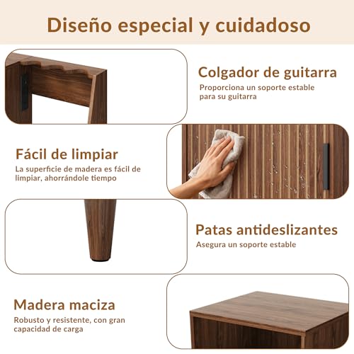Miniatura 4 de Mueble Para Tocadiscos Y Vinilos De Madera - Armario Para Tocadiscos Y Vinilos, Mueble Hi-Fi Vintage Mid-Century Con Soporte Para 3 Guitarras, Estantería Guarda Discos Para Salón Y Dormitorio
