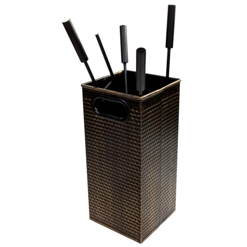 raik Ustensile de cheminée Oskar 5 pièces avec tisonnier, pelle, balai de cheminée, pince à bois et support en acier avec structure décorative pour poêles et inserts de cheminée