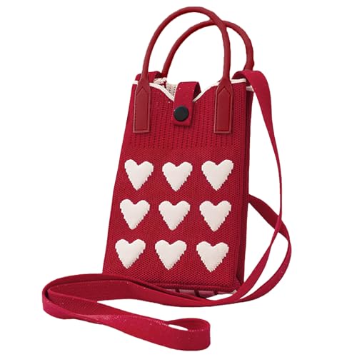 Anopo Women's Knit Heart Crossbody Bag for Cell Phone Buckle Red