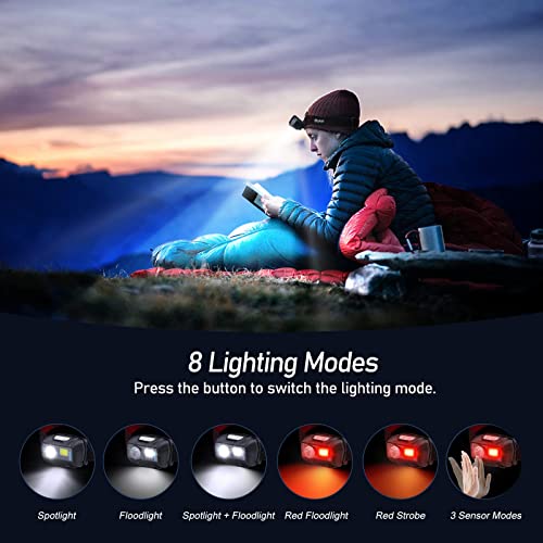 Foto von Blukar LED Stirnlampe Wiederaufladbar, Superhell Stufenlos Dimmbar Kopflampe mit 8 Lichtmodi, Sensor und Rotlicht, Leichtgewichtig IPX5 Wasserdichte Mini Stirnlampe für Joggen, Campen, Angeln usw.