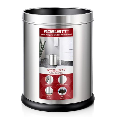 Image of Robustt Stainless Steel Open Top Dustbin - 6L | 8.2Inch (W) x 11.3Inch (H) Silver Trash Can with Anti-skid Base | For Bathroom, Bedroom, Kitchen & Toilet or Commericial Use - Pack of 1