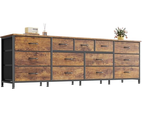 Huuger 70 Inch Dresser for Bedroom, TV Stand for 65, 75, 80 Inch TV, 13 Fabric Drawer Long Dresser, Large Entertainment Center for Bedroom, Wide Chest of Drawer with Storage, Rustic Brown