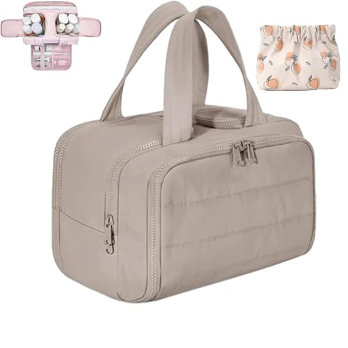 MaisonGinza Cloud Carry Bag, Large Capacity Wide-Open Travel Toiletry Bag, 4-in-1 Puffy Multi-functional Makeup Bags for Women, Portable Waterproof Open Flat Cosmetic Organizer Bags (Brown)