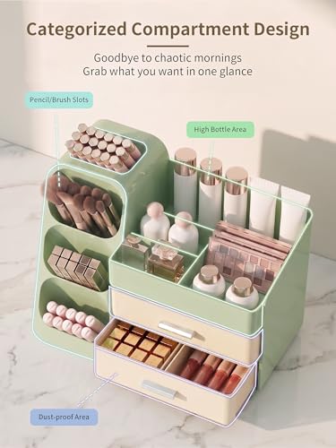 Image of Booklov Makeup Organizer for Vanity, Large Capacity Cosmetic Display Case with Drawers, Countertop Beauty Storage Holder for Skincare, Brush Eyeliner Eyeshadow Lipsticks, Counter Desk, Cream Green