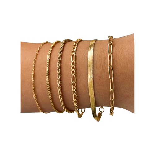 IXNEOP 14K Gold Plated Bracelets for Women Stackable Adjustable Fashion Jewelry Sets Gold Bracelets Stack With Cuban, Paperclip, Snake, Rope, Hand Chain (gold16) (ix0016-GD)