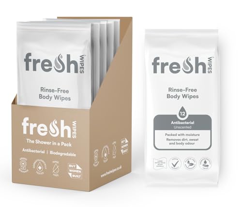 FreshWipes Unscented Antibacterial Body Wet Wipes For Adults 5 Pack (60 Wipes) - Extra Large Biodegradable - Dermatologically Tested & Suitable for the Elderly or Disabled - Great for Camping