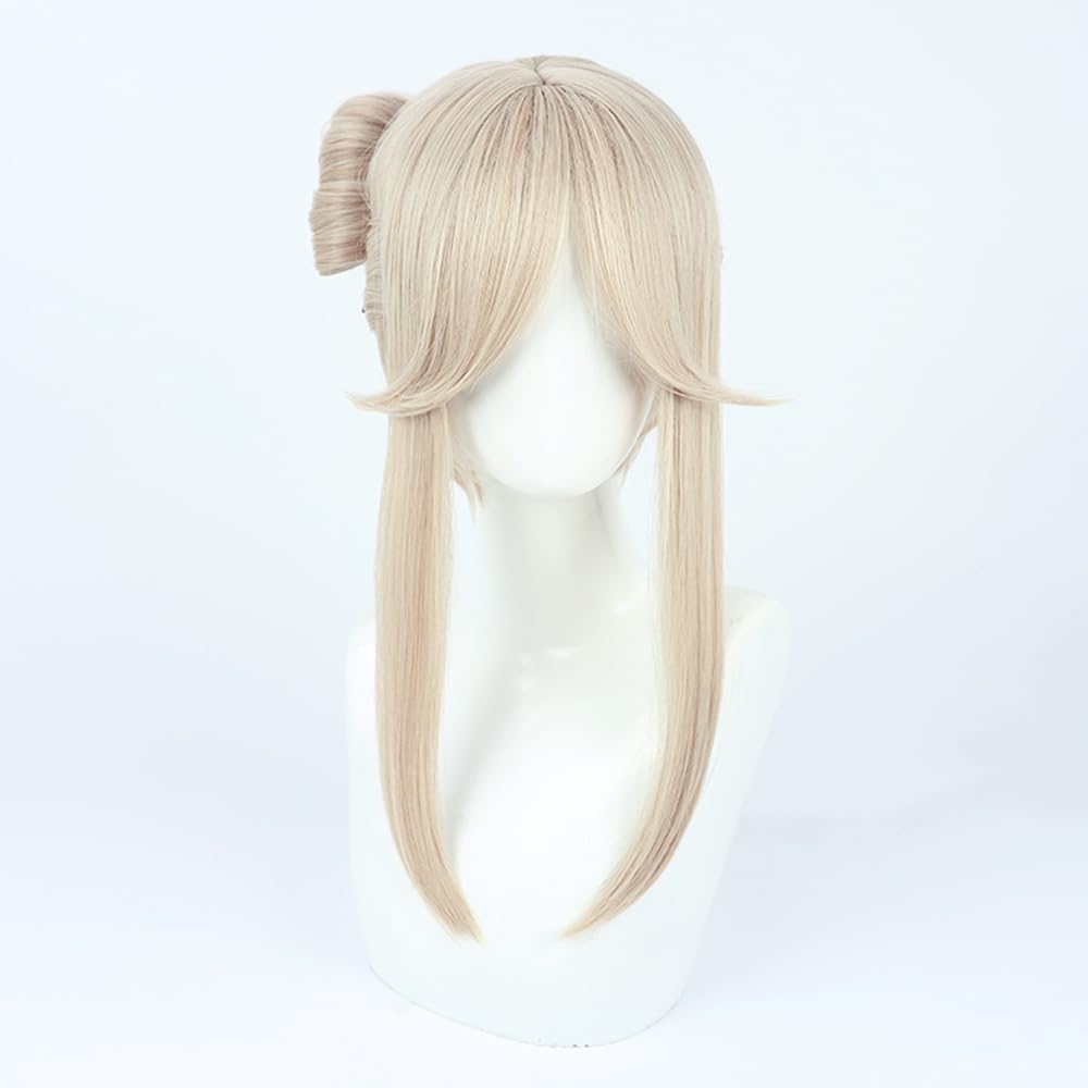 Beige Short Hair Wig Center Parted French Bangs Clip Bow Wig Micro Curly Wig cos anime show simulation wig 40cm 15inch (Ningguang)