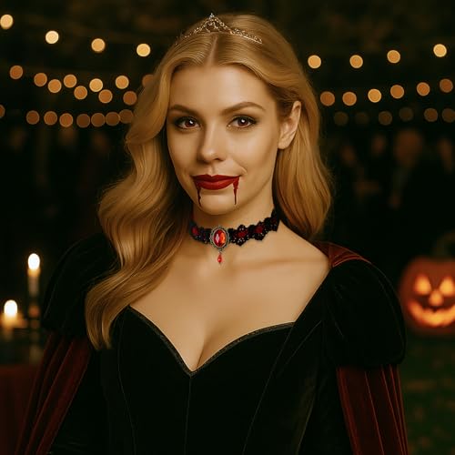 Red Choker, Halloween Vampire Lace Choker Necklace for Women, Vintage Royal Court Gothic Jewelry for Halloween Costumes, Rhinestone Choker, N03C3