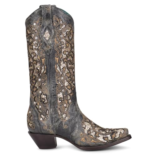 CORRAL LADIE'S BLACK INLAY & STUDS & CRYSTALS, SNIP TOE, LEATHER SOLE, WESTERN, A4231