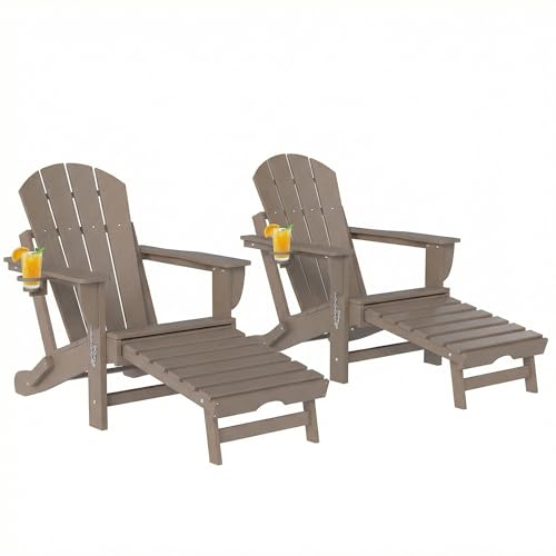 Outsunny Folding Adirondack Chair Set of 2, Outdoor HDPE Fire Pit Chair with Retractable Ottoman, Cup Holder and Large Seat for Deck, Garden, Backyard, Brown