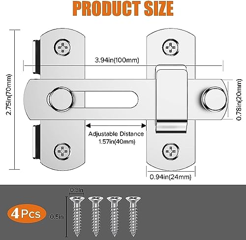 Image of Stainless Steel Flip Latch Door Lock - Sliding Barn Door Lock, Safety Gate Latch for Garden, Bathroom, Garage, Coop, Closet, Cabinet & Window - Heavy Duty Bolt Lock Hardware (Silver)