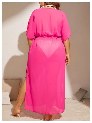 OYOANGLE Women's Plus Size Short Sleeve Beach Kimono Drawstring Waist Flowy Long Cardigans Cover Ups2