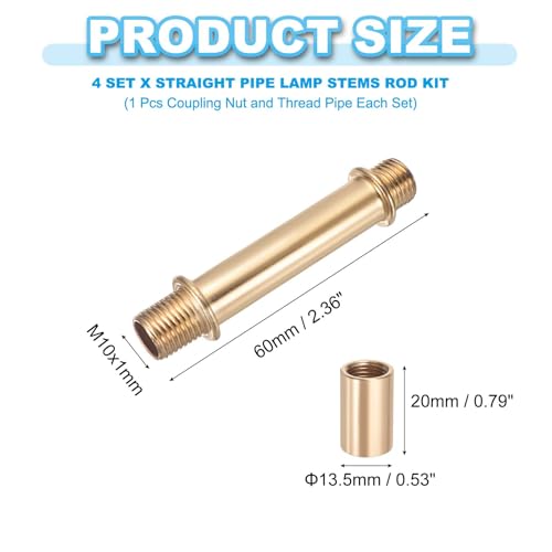 Image of PATIKIL Straight Pipe Lamp Stems Rod Kit, 4 Set M10 Carbon Steel 60mm(2.36 inch) Long Double End Thread Rod with Coupling Nuts Sleeve Connector for Table Lamps Chandeliers,Gold