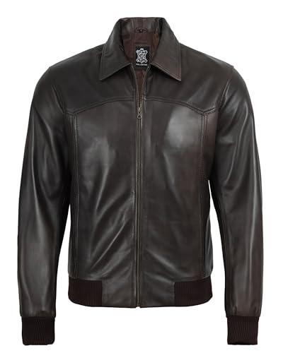 Image of Decrum Men's Bomber Leather Jacket - Vintage Style Real Lambskin Leather Jacket with Rib-Knit Cuffs and Hem