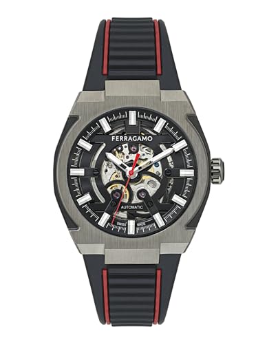 Ferragamo Ferragamo Supreme Skeleton Collection Luxury Mens Watch Timepieces with a Black Strap and Dial Featuring a Gun Case