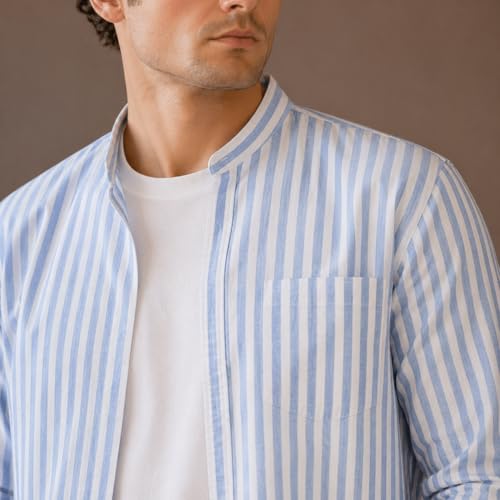 Image of Men Blue Striped Linen Cotton Shirt | Casual Slim Fit Button Down Shirt for Mens | Breathable Summer Wear | Full Sleeve Stylish Shirts for Men