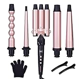 Newly Upgraded MOCEMTRY 5 in 1 Curling Wands Set 0.35-1.25 inch, 3 Barrel Curling Iron & 1' Spiral Curling Iron, LCD Digital Screen, 200°F to 460°F, PTC Heat Up Within 30 Seconds, Creating Wavy Curls