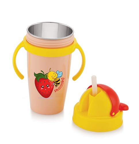 Image of Nabhya Inner Stainless Steel & Outer Plastic 360ml BPA-Free Cute Animal Design Baby Sipper Kids Water Bottle with Straw and Side Handle for Kids (Pink)