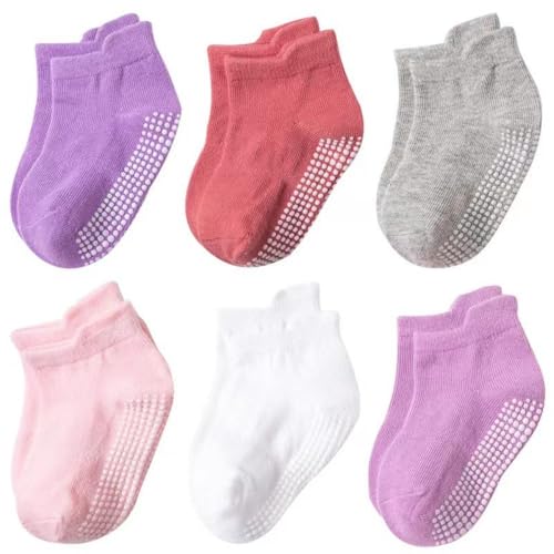 Multicolor Cotton Anti-Slip Grip Socks for Toddlers and Kids, Set of 6