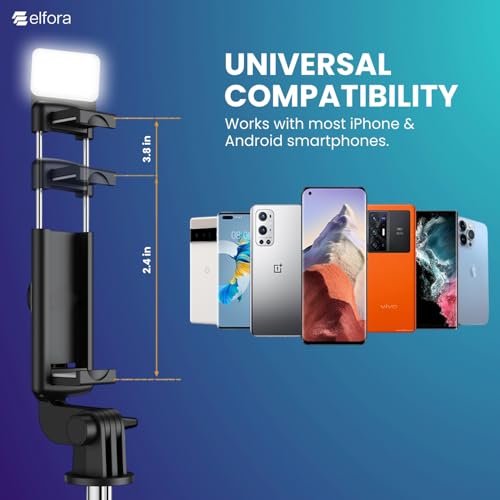 Image of Elfora R1S Selfie Stick Tripod Stand | Bluetooth Wireless Remote with Rechargeable LED Light | 2 Brightness levels for Vlogging & Photoshoots | Extendable Tripod for All Smartphones and iPhones(Black)