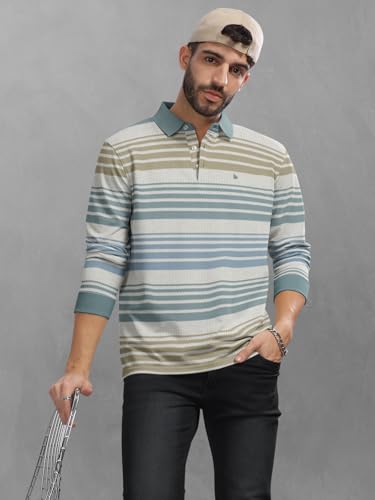 Image of BULLMER Striped Textured Printed Polo Neck Fullsleeve T-Shirt with Rib for Men