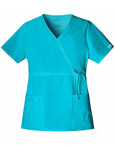 Cherokee Women's Workwear Scrubs Core Stretch Gathered Front Mock Wrap Top, Turquoise, Medium