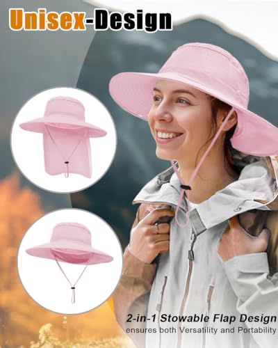 Image of Outdoor Sun Hats with Stowable Neck Flap for Men Women UPF 50+ Mesh Summer Bucket Hat Wide Brim for Fishing Safari Hiking