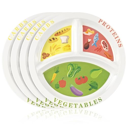 WDSHCR Portion Control Plate - Divided Plates for Adults Weight Watchers, Healthy Nutrition Plate for Adults and Teens, Balanced Eating Food Meal Dinner Adults (4 Pack), 10 inch