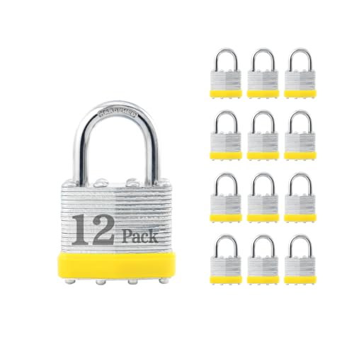 Image of ZonRo Locks Laminated Steel Keyed Padlocks,Keyed Alike Locks, 1-9 /16 inch Wide,Normal Shackle Padlocks, Pack of 12,Yellow Hoop, for Hasp Latch, Sheds, Fences, Storage Locker, School, Gym