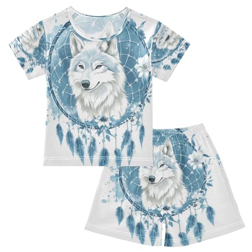 senya Short Sleeve Pajamas Sets Summer Cotton Sleepwear Blue Feather Dreamcatcher Wolf