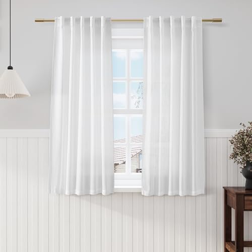 Image of Nanspring White Cafe Curtains 54 Inch Length Set 2 Panel Kitchen Back Tab Pocket Drapes Semi Sheer Short Linen Textured Sheer White Curtain Modern Decor for Small Bathroom Window