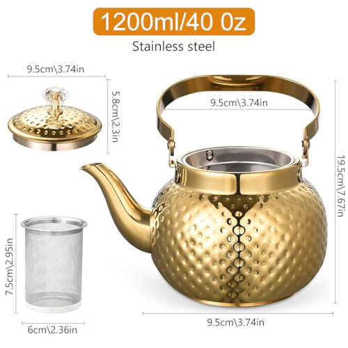 Image of Supvox 1.2L Stainless Steel Teapot Pot Kettle, Luxury Golden Water Kettle with Infuser, Universal Water Kettlefor Coffee and Tea Enthusiasts, Tea Kettle for Gas Stove and Induction (Golden)