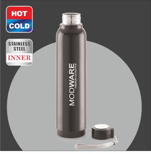 Image of Modware Hydra 1000 Vacuum Insulated Bottle | 750ml | Hot & Cold | Outer Plastic, Inner Stainless Steel | Easy Carry Wrist Belt | for Office, School, College (Black)