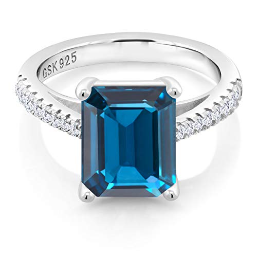 Gem Stone King London Blue Topaz and White Created Sapphire 925 Sterling Silver Women's Engagement Ring (4.26 Cttw, Gemstone Birthstone, 10X8MM Emerald Cut, Available in size 5, 6, 7, 8, 9)