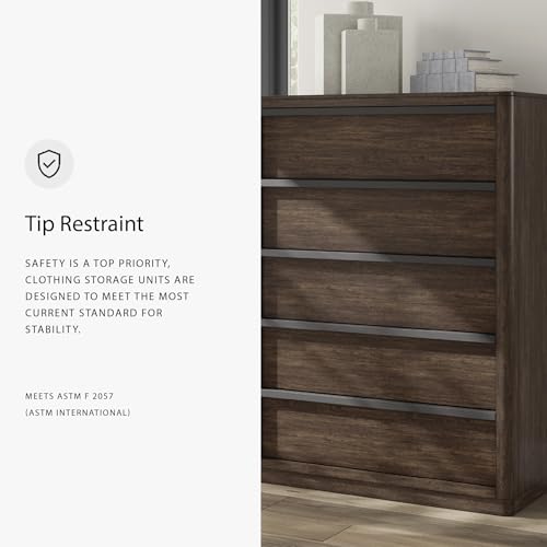 Image of Signature Design by Ashley Kendamor Contemporary 5-Drawer Chest with Felt-Lined Top Drawer and Easy Glide for Bedroom, Dark Brown