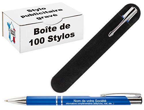 Lot de 100 Stylos Personnalisés Publicitaires Gravés au Nom de l'Entreprise (bleus) - Objet de Communication pour Événement Professionnel - Cadeau Clients Noël & Fin d'Année, Goodies Logo