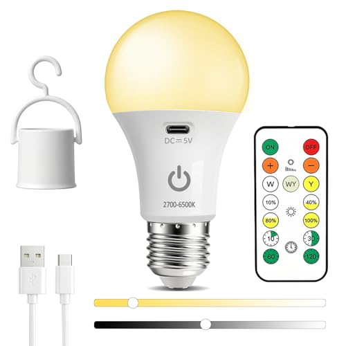 E27 Bombilla Recargable USB con Mando, Bombilla Inalámbrica sin Electricidad Punto 7W 3 Color LED Regulable con Batería Lampara Control Táctil Con Temporizador, Luz de Emergencia Acampar, 1 Piezas