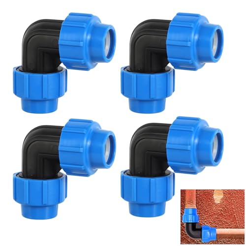 PE Pipe Fitting, Pack of 4 Screw Connection for 25 mm Drinking Water, PE Pipe Screw Connection Angle 90°, PE Pipe 25 mm Connector Plastic PP Coupling with Wrench