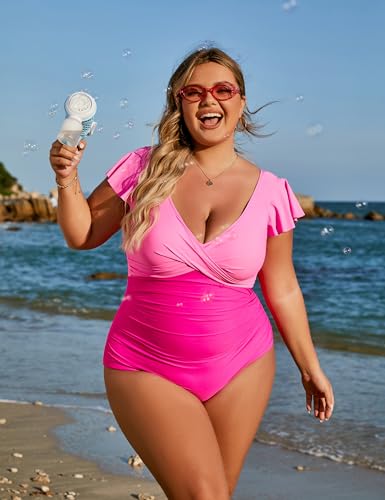 Blooming Jelly Women's Plus Size Swimsuit One Piece Tummy Control Bathing Suit Maternity Push Up Swimwear Retro Slimming Swim Suit (Pink and Hot Pink,XX-Large) - Image 3