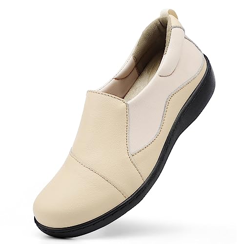 Hueneph Women's Comfort Nude Leather Loafers Cute Casual Slip On Lightweight Walking Flats Everyday Work Shoes 10 M US 2305-LUO100