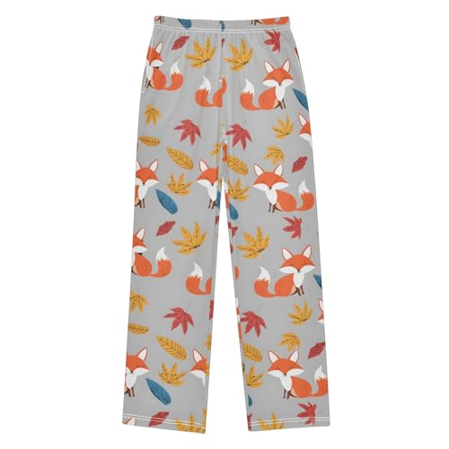 Fox Maple Leaf Pattern Cute Pajama Pants, Soft Sleepwear Lounge Pants Pajama Pj Bottoms for 6-14 Years