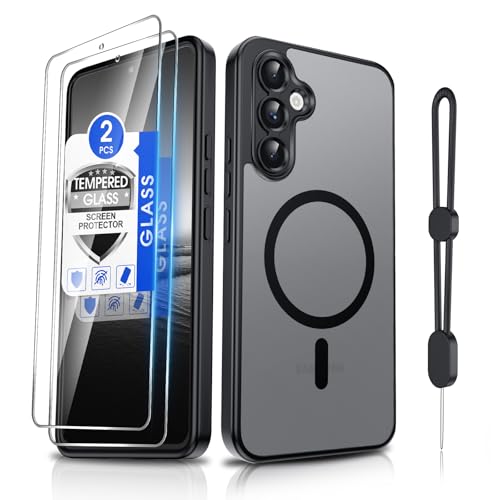 Dizn for Samsung Galaxy A54 5G Phone Case with 2 Screen Protector & Phone Lanyard Fit for MagSafe Camera Bumper Protection Shockproof Magnetic Thin Translucent Cover for Samsung Galaxy A 54 5G Black