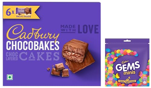 Image of Cadbury Gems Chocolate Home Treats Pack, 142.2 g & Cadbury Chocobakes Choc Layered Cakes, 126g (6 pieces) -