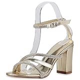  VAN HILL Damen Riemchensandaletten Sandaletten Blockabsatz Schuhe Party Strass Riemchenschuhe Elegante Abendschuhe 211325 Gold 40
