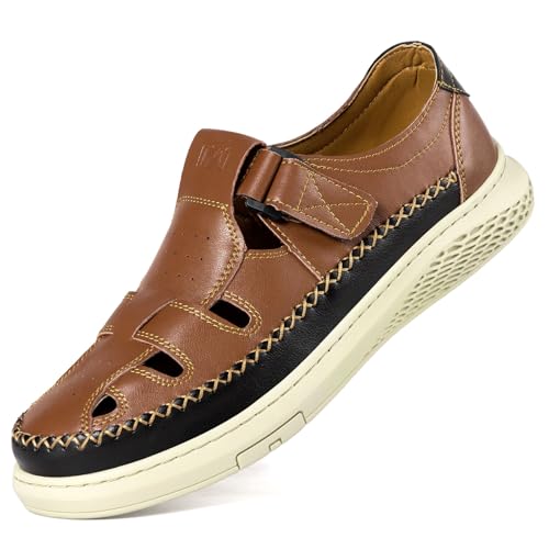 MAIZUN Men's Leather Sandals Outdoor Casual Closed Toe Sport Sandals Summer Fisherman Beach Shoes with Adjustable for Athletic Hiking Walking Size 7.5