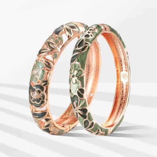 Image of UJOY Vintage Jewelry Cloisonne Handcrafted Flower Enameled Gorgeous Rhinestone Hinged Cuff Bracelet Bangles Gifts 88A10